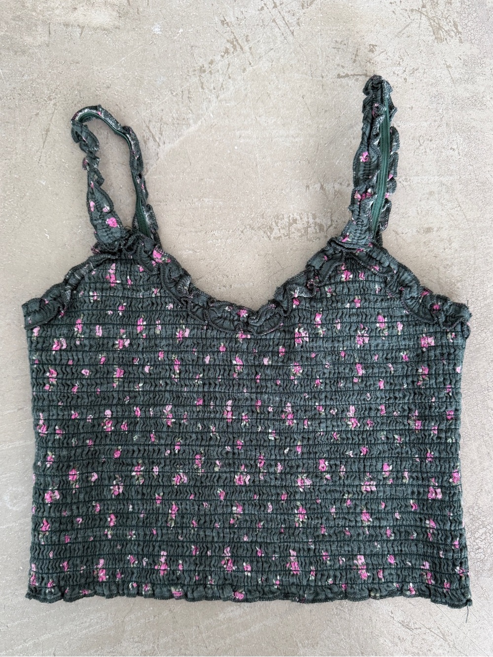 Katie J NYC Black Smocked Cropped Camisole with Floral Dots